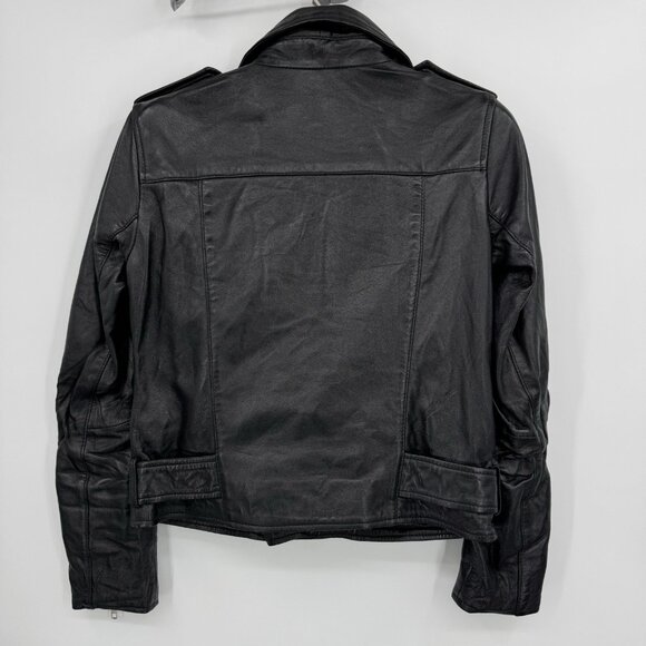 Quince Women's Black Leather Motorcycle Jacket size XS Sheep Leather Belted - Picture 7 of 9